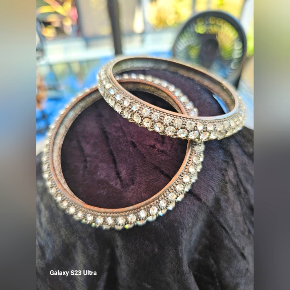 Two Vintage Metal Bangles Glass Bracelets Rinestones. STUNNING